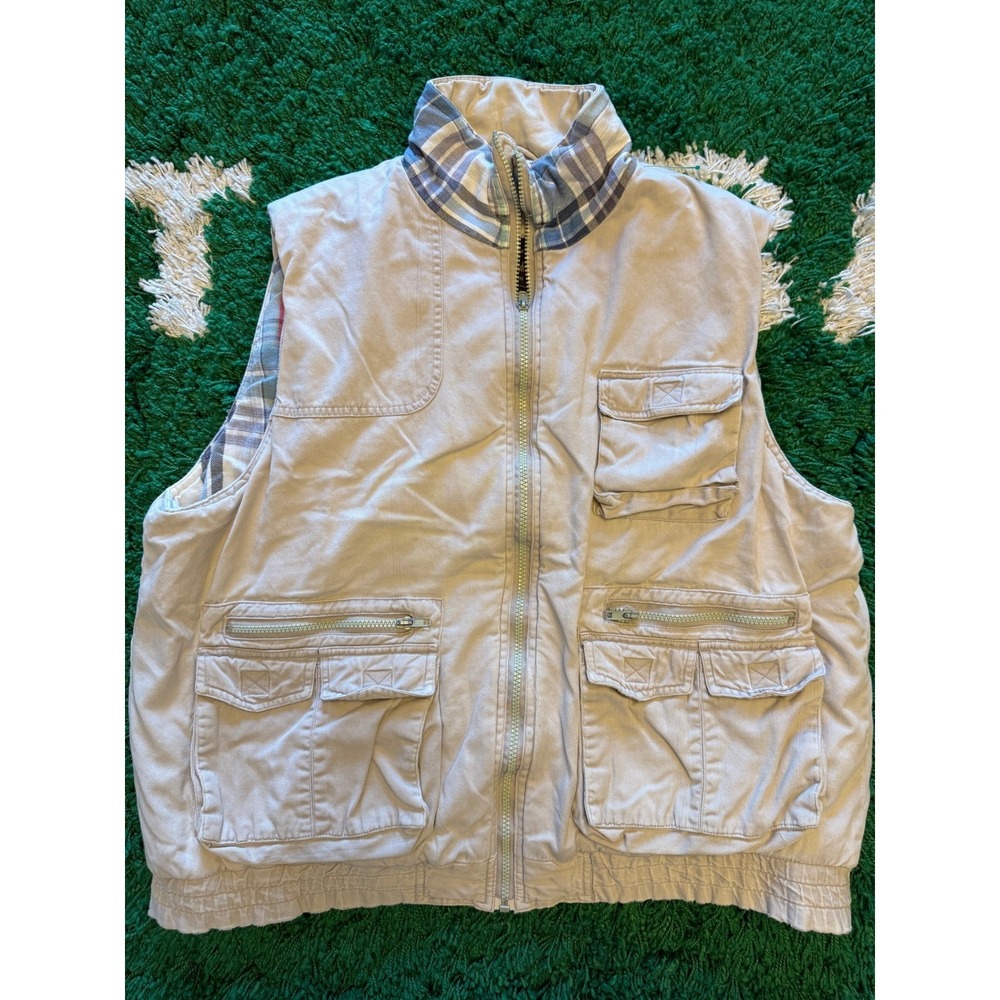 Cascade Utility Vest Mens XL Tan Excellent Plaid Lined Multi-Pocket Cargo